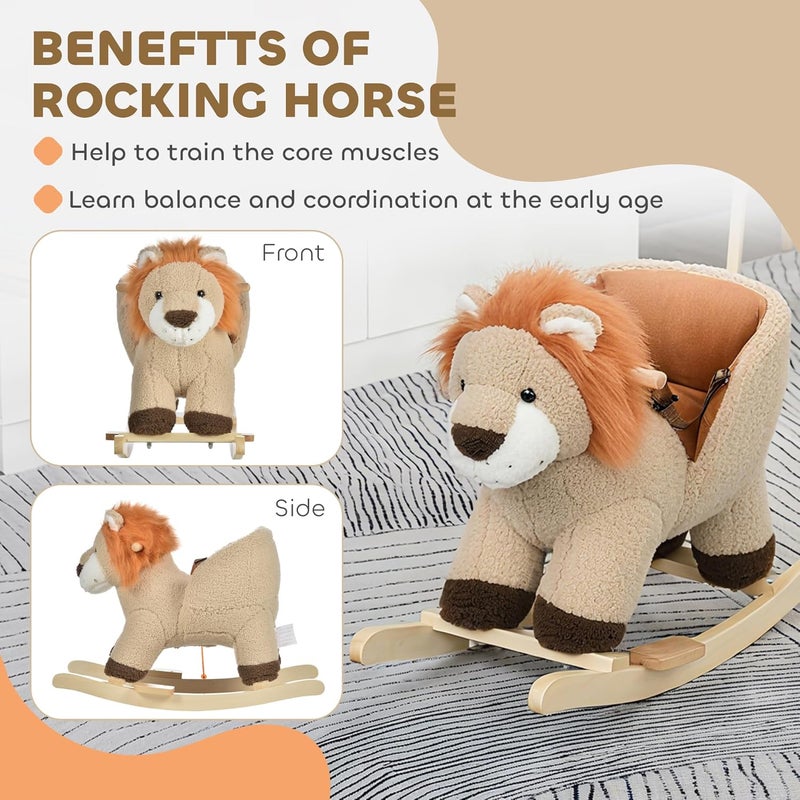 Qaba Baby Rocking Horse Lion with Sound, Plush Stuffed Rocking Animals, Wooden Rocking Horse with Seat Belt for 18-36 Months Boys and Girls Gift, Brown - Image 4